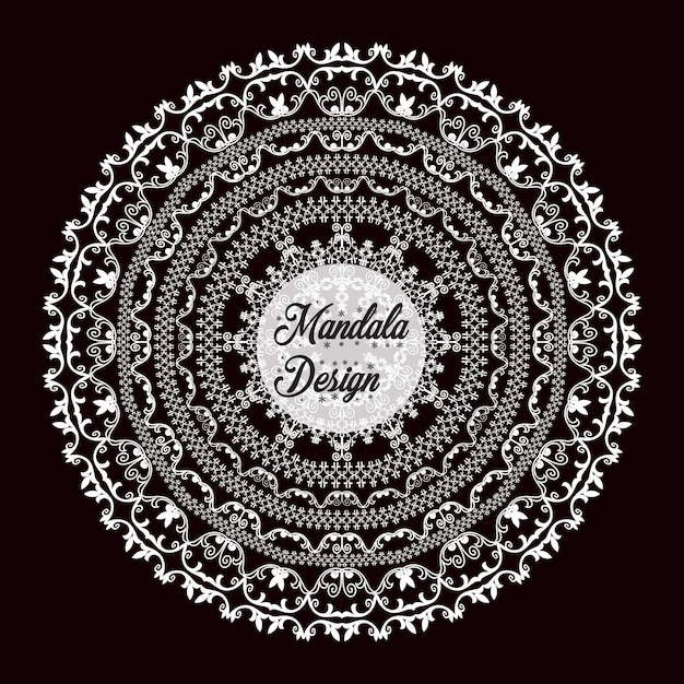 Vector white and cute black floral, dark vintage template background design mandala, without colour.