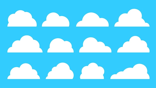 White cute flat clouds set isolated on blue landscape background Abstract different cloud shapes icon symbol collection Network internet storage cartoon web banner Think speech bubble concept