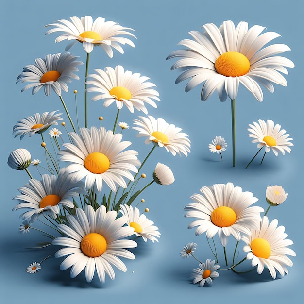 White daisies on a blue background Flat lay top view Flower Easter