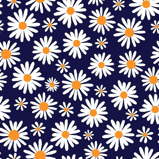 White daisies on navy blue seamless vector pattern