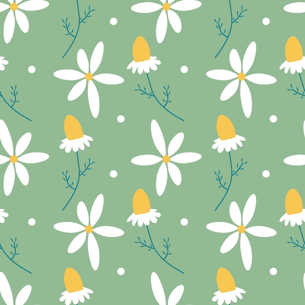 White daisy flower seamless vector pattern. Floral pattern with small white flowers on light green.