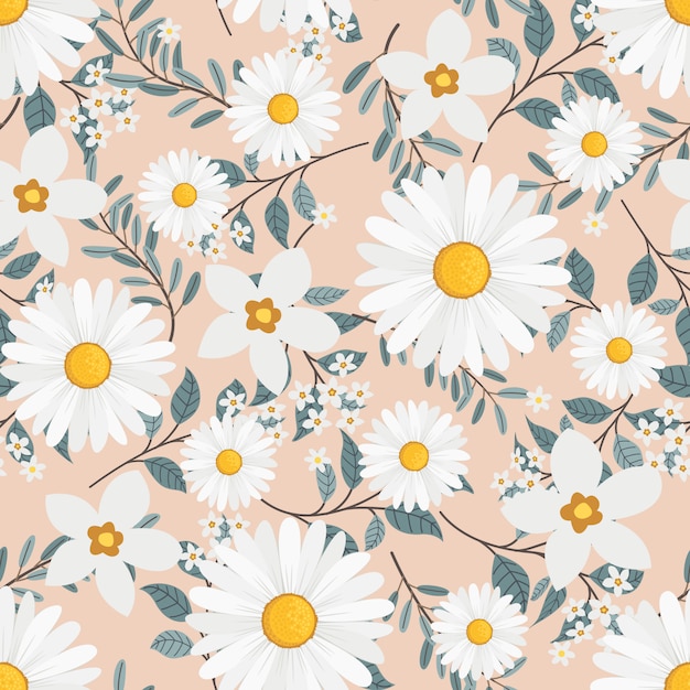 White daisy flowers wreath ivy style with branch and leaves, Seamless pattern