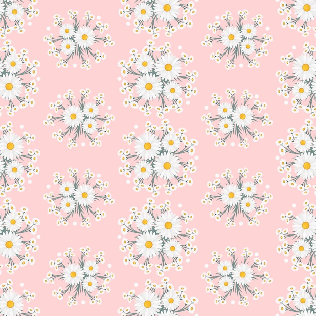 White daisy flowers wreath ivy style with branch and leaves, Seamless pattern