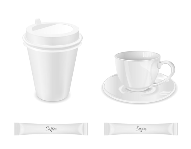 White disposable packaging for sugar and coffee Glass cup with saucer and paper coffee cup