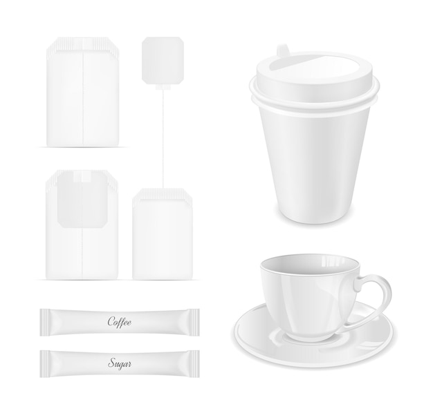 White disposable packaging for sugar coffee and tea bag Glass cup with saucer and paper coffee cup