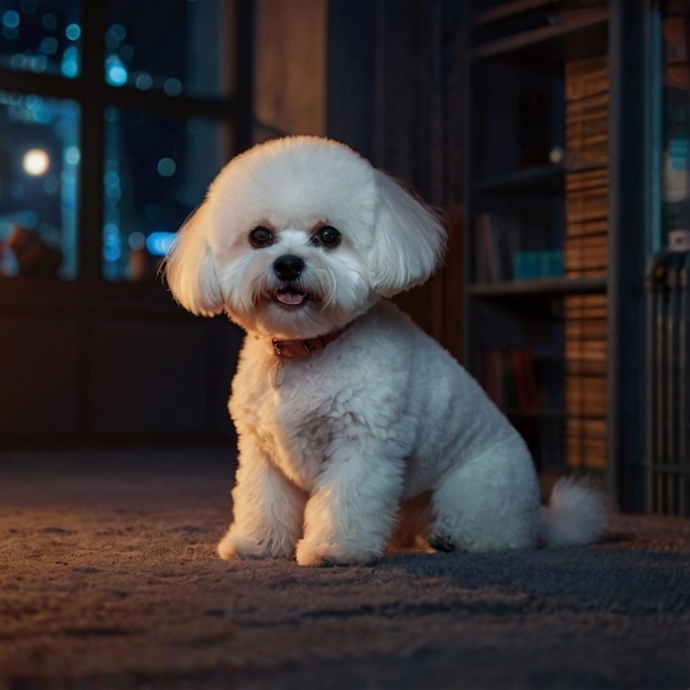 Vector a white dog is sitting on the ground in front of a window