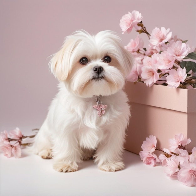 a white dog sitting next to a pink box with pink flowers