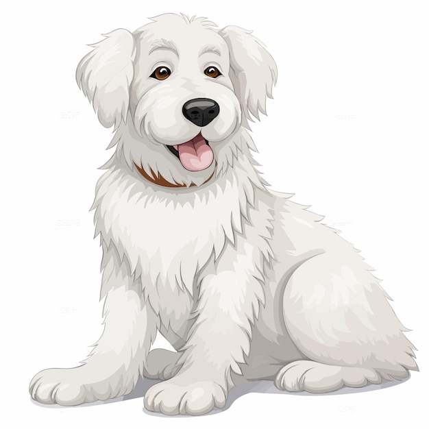 A white dog with a black nose and a brown nose sits on a white background.