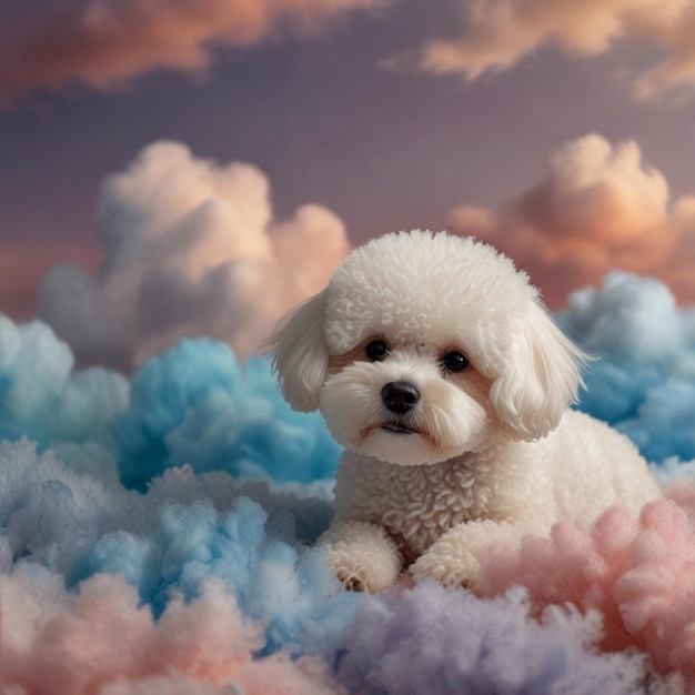 Vector a white dog with a blue eye sits in the clouds