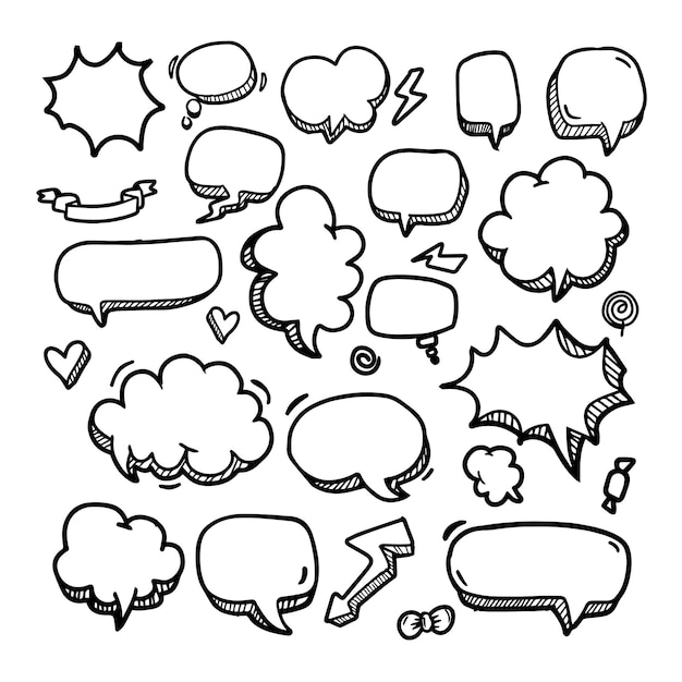 white doodle cartoon speech bubble with various shapes for comic chat box where to add words