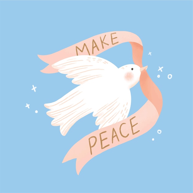 Vector white dove biting make peace ribbon doodle vector illustration