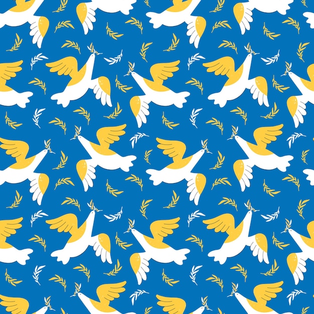 White dove of peace with an olive branch Vector flat seamless pattern in blue and yellow Flying bird on a blue background Design for wrapping paper textiles print wallpaper