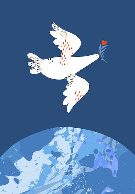 White dove with olive branch flies over blue globe Bird soaring in sky Pigeon symbol of peace