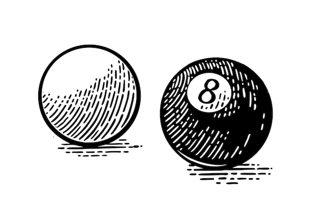 Vector white and eight billiard balls with shadow vintage black engraving illustration for poster web isolated on white background