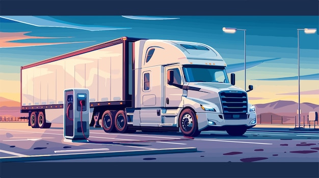 White Electric Semi Truck Vector Illustration