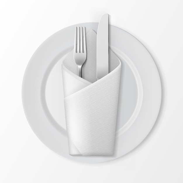 Vector  white empty flat round plate with silver fork and knife and white folded envelope napkin top view isolated on white background. table setting