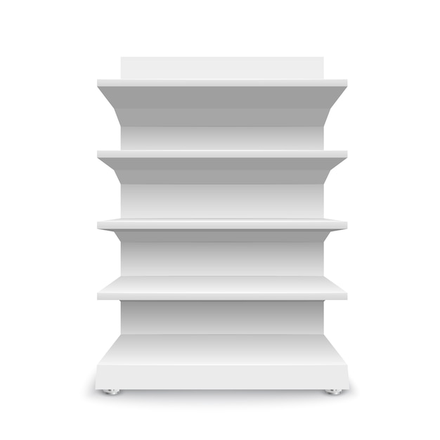 White empty store shelves  on white background. Shelving for retail. Showcase template.  illustration