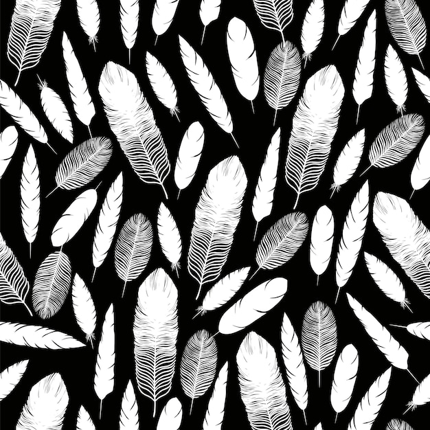 Vector white feathers on a black background. seamless pattern.