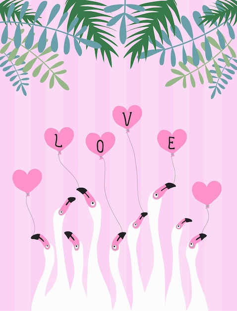 White flamingos on a pink background and hearts Love Tropical leaves Flat Illustration