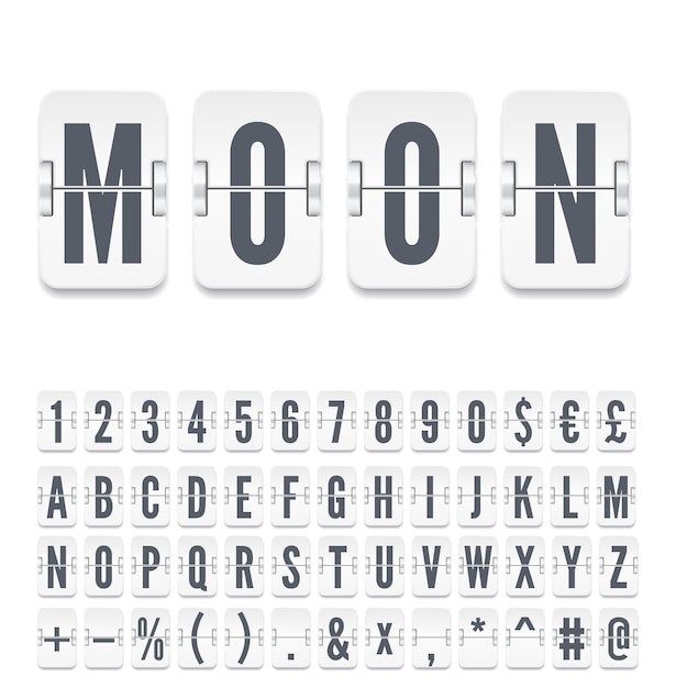 White flip board font with numbers for moon flight departure information Retro airport terminal mechanical scoreboard alphabet for destination in space and timetable vector illustration