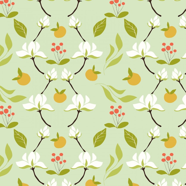 White flower and orange fruit pattern