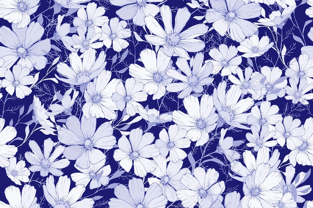 White flowers on blue background Seamless pattern with cosmos flower