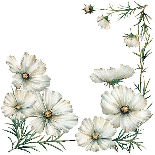 white flowers frame border vector illustration in watercolor style