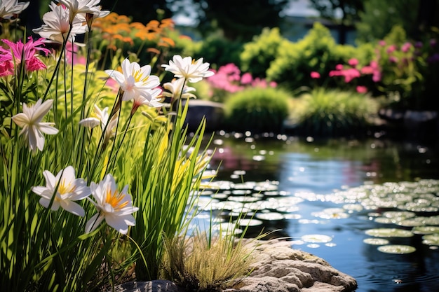 white flowers in a pond with water lilies in the background