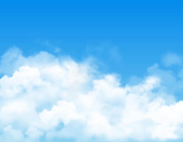 White fluffy clouds or fog on blue sky background. Vector cloudy backdrop, realistic mist, vapor or white smoke. Climate, weather forecast or environment air pollution, heaven on sky backdrop