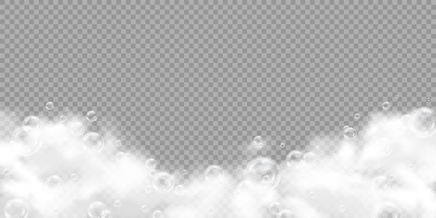 White foam and soap bubbles realistic transparent background 