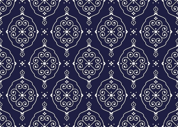 White geometric design on dark blue background ethnic fabric seamless pattern design for cloth etc