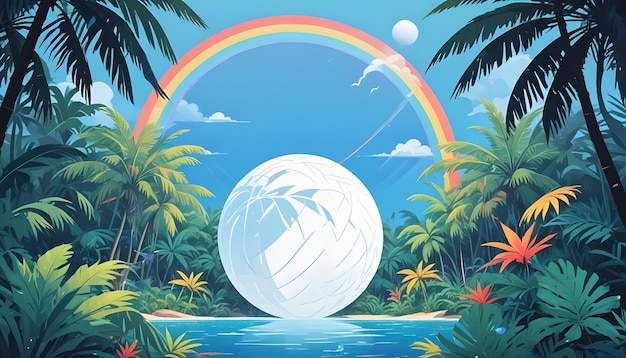 Vector white geometric sphere in a tropical paradise with rainbow