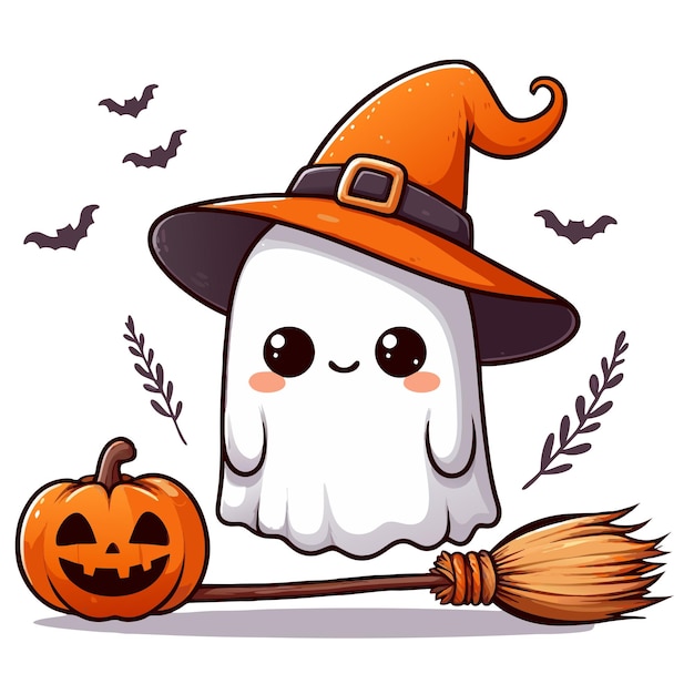 a white ghost with a witch hat and a broom with a pumpkin on it