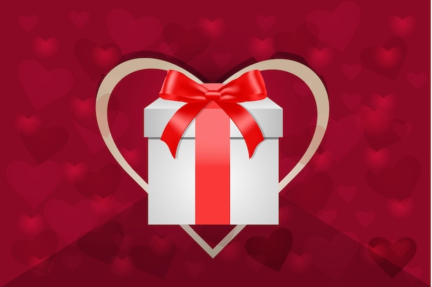 white gift box tied with a red bow on a heart background