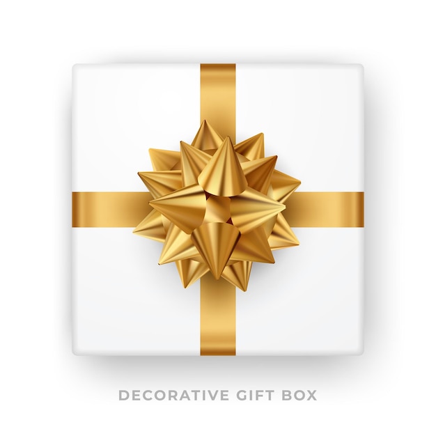 white gift box with golden bow and ribbon isolated. Top view.  illustration