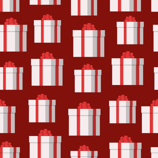 White gift boxes with red bows and ribbons. Seamless pattern