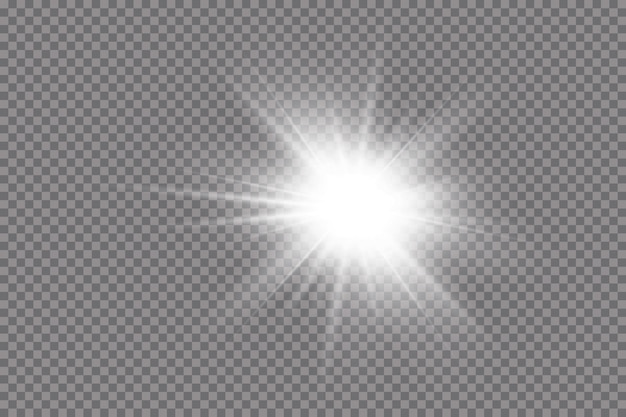 White glowing light explodes on a transparent background. Transparent shining sun, bright flash.