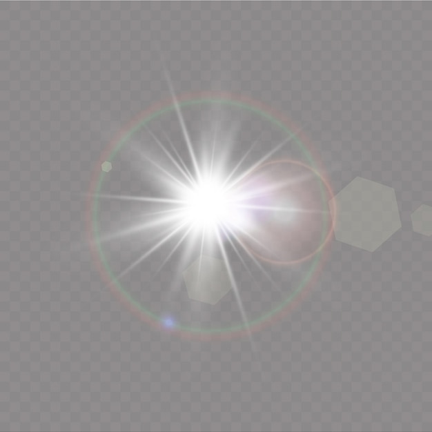 White glowing light explodes on a transparent background. with ray. Transparent shining sun, bright flash. Special lens flare light effect.