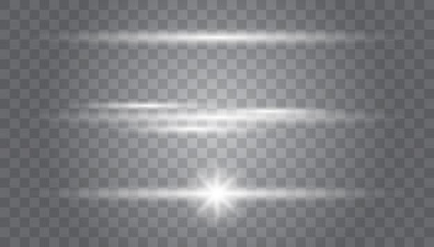 White glowing light explodes on a transparent .Laser beams, horizontal light rays.