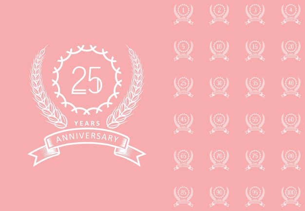 White happy anniversary premium badge logotype set and background pink