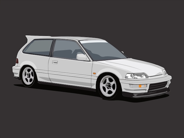 White hatchback sedan car illustration isolated in dark grey background