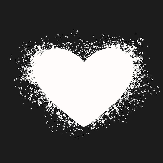 White heart on black background. Hand drawn spray paint heart. Grunge vector hearts. Valentine