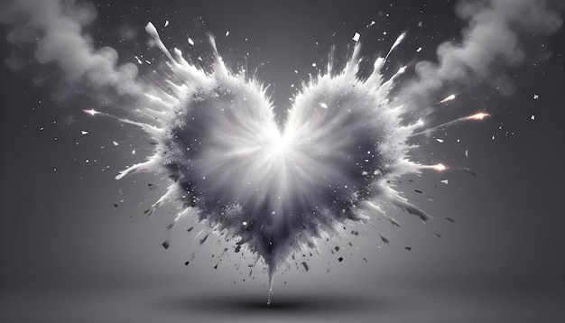 Vector a white heartshaped explosion against a gray background the explosion is bursting outwards with bright light emanating from the center and clouds of smoke