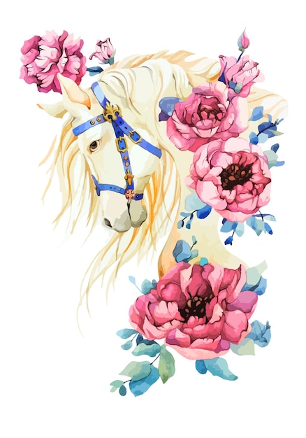 White horse with mane blue harness gold emblem and pink peony rose in watercolor for spring holiday