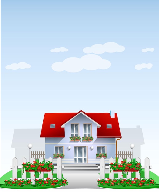 white house with red roof and white cartoon wooden fence with garden flowers in hanging pots