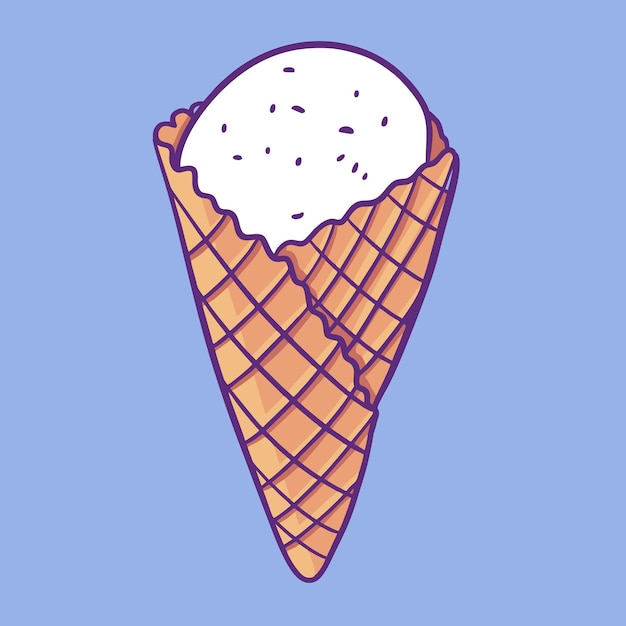 White ice cream in waffle cone. Cartoon style.