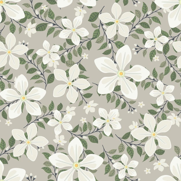 White jasmine flowers wreath ivy style with branch and leaves, Seamless pattern