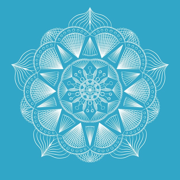 White lace on a blue background Round mandala Beautiful pattern without color on the background