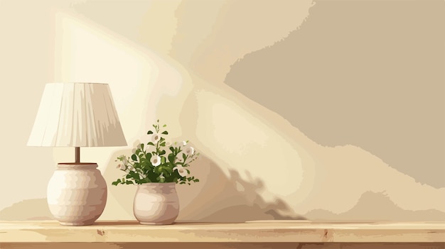 Vector white lamp and flowerpot on wooden table near beige wall