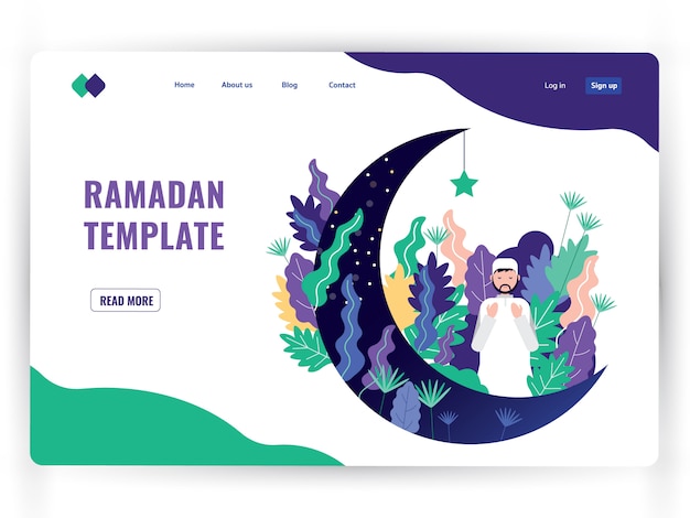 White landing page template of holy month of prayer, Ramadan Kareem. 